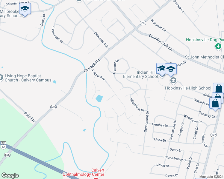 map of restaurants, bars, coffee shops, grocery stores, and more near Fairfax Avenue in Hopkinsville