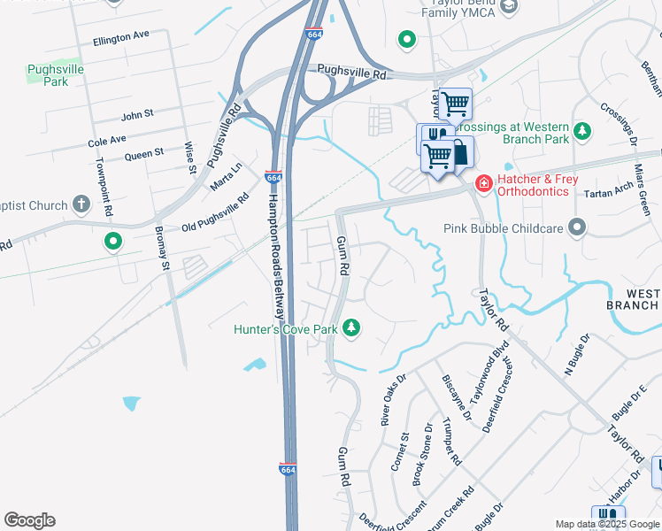 map of restaurants, bars, coffee shops, grocery stores, and more near 3016 Big Bend Drive in Chesapeake