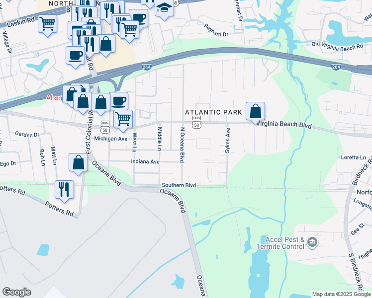 map of restaurants, bars, coffee shops, grocery stores, and more near 1471 Hiteshew Place in Virginia Beach