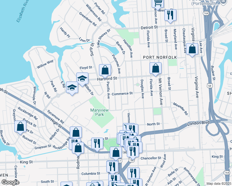 map of restaurants, bars, coffee shops, grocery stores, and more near 737 Cambridge Avenue in Portsmouth
