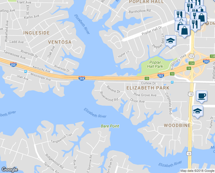map of restaurants, bars, coffee shops, grocery stores, and more near 5214 Revere Drive in Norfolk