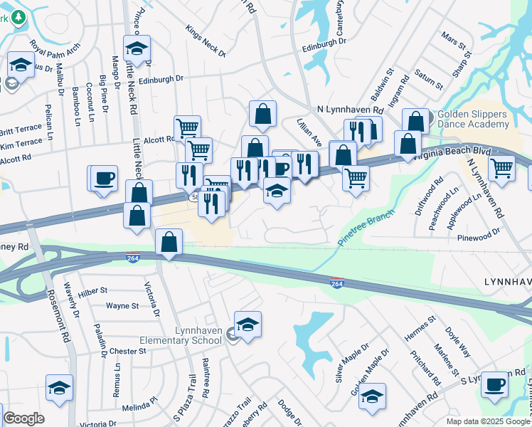 map of restaurants, bars, coffee shops, grocery stores, and more near 3205 Virginia Beach Boulevard in Virginia Beach