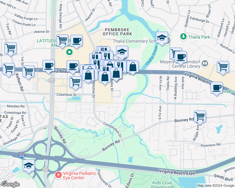 map of restaurants, bars, coffee shops, grocery stores, and more near 4250 Beasley Court in Virginia Beach
