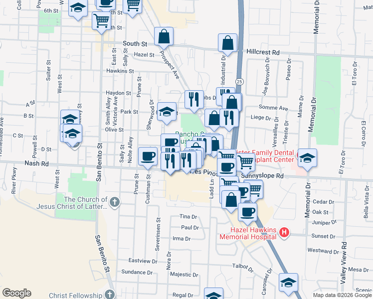 map of restaurants, bars, coffee shops, grocery stores, and more near 1201 Rancho Drive in Hollister