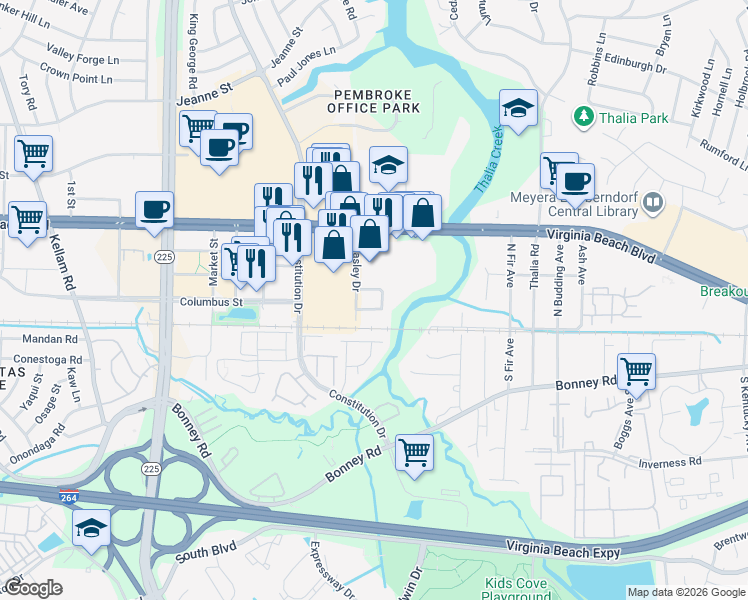 map of restaurants, bars, coffee shops, grocery stores, and more near 4350 Beasley Court in Virginia Beach