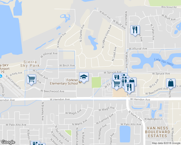 map of restaurants, bars, coffee shops, grocery stores, and more near 3382 West Spruce Avenue in Fresno