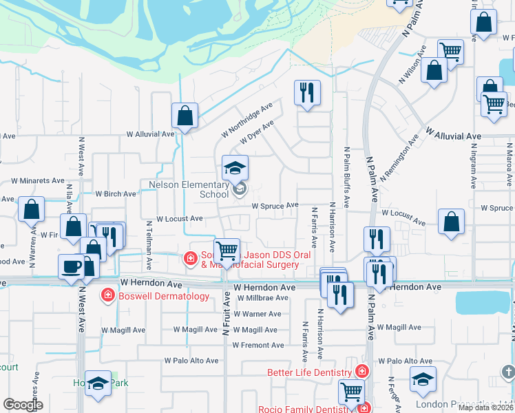 map of restaurants, bars, coffee shops, grocery stores, and more near 1336 West Spruce Avenue in Fresno
