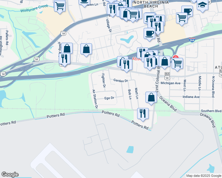 map of restaurants, bars, coffee shops, grocery stores, and more near 1844 North Streamline Drive in Virginia Beach