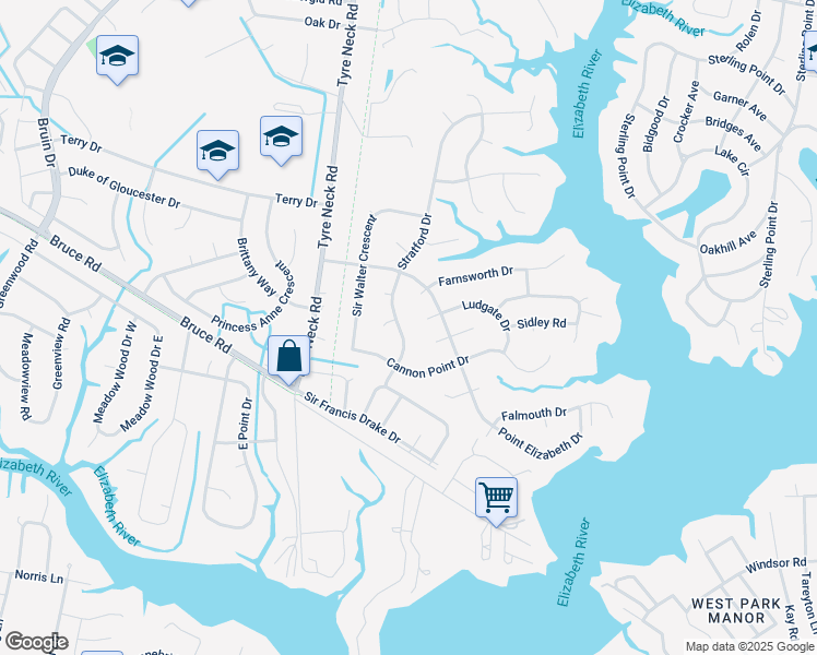 map of restaurants, bars, coffee shops, grocery stores, and more near 2913 Stratford Drive in Chesapeake