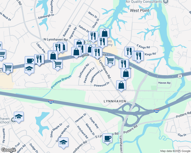 map of restaurants, bars, coffee shops, grocery stores, and more near 228 Peachwood Lane in Virginia Beach