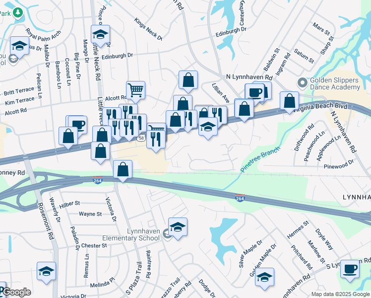 map of restaurants, bars, coffee shops, grocery stores, and more near 3226 Rosegate Court in Virginia Beach