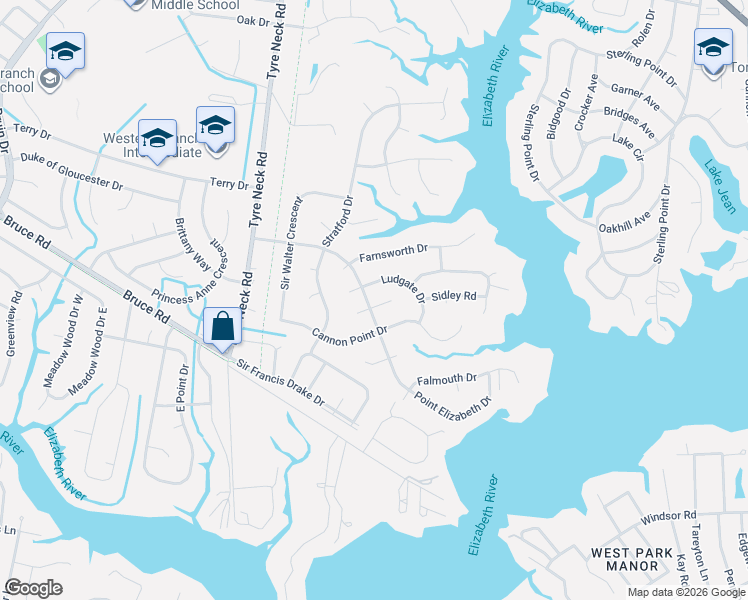 map of restaurants, bars, coffee shops, grocery stores, and more near 3812 Point Elizabeth Drive in Chesapeake