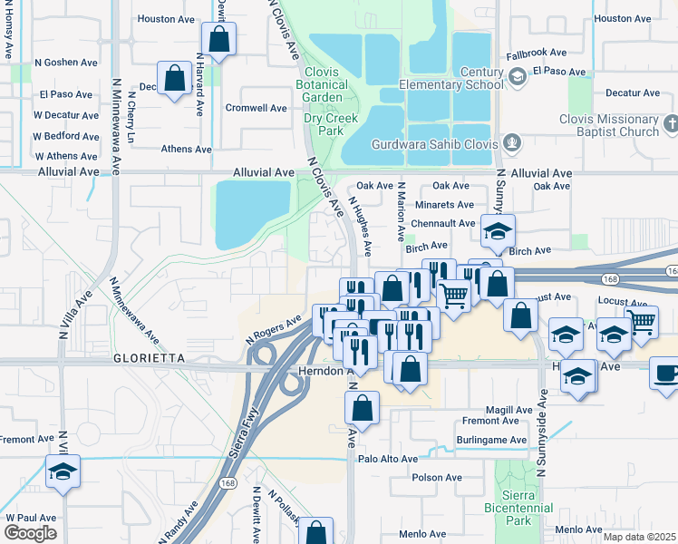 map of restaurants, bars, coffee shops, grocery stores, and more near 700 North Hughes Avenue in Clovis