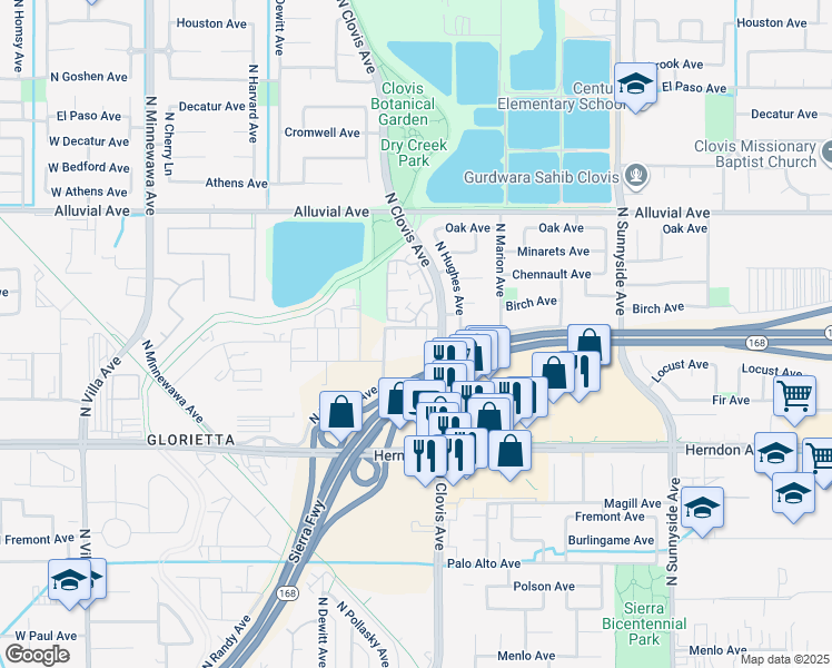 map of restaurants, bars, coffee shops, grocery stores, and more near 603 North Pollasky Avenue in Clovis