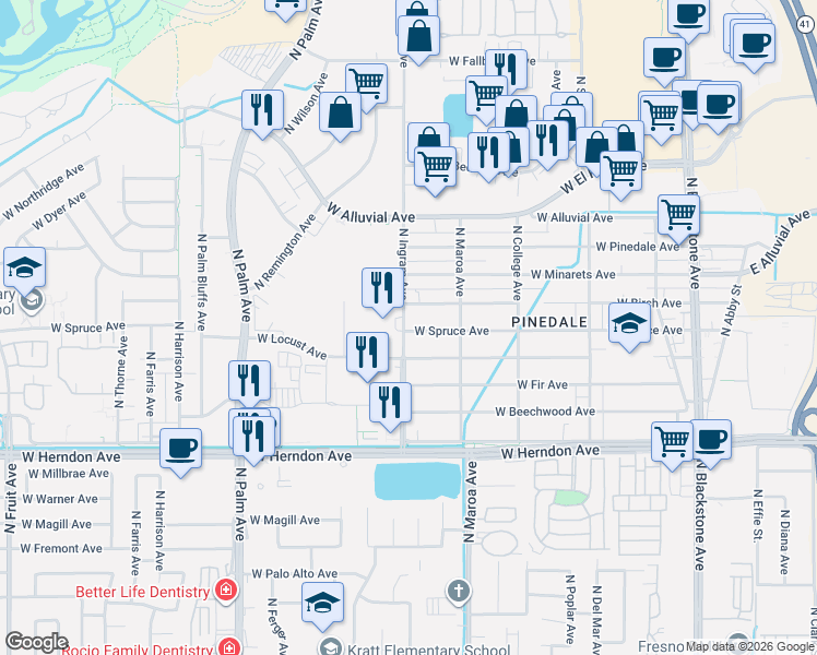 map of restaurants, bars, coffee shops, grocery stores, and more near in Fresno