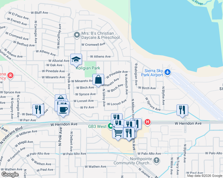 map of restaurants, bars, coffee shops, grocery stores, and more near 4962 West Birch Avenue in Fresno