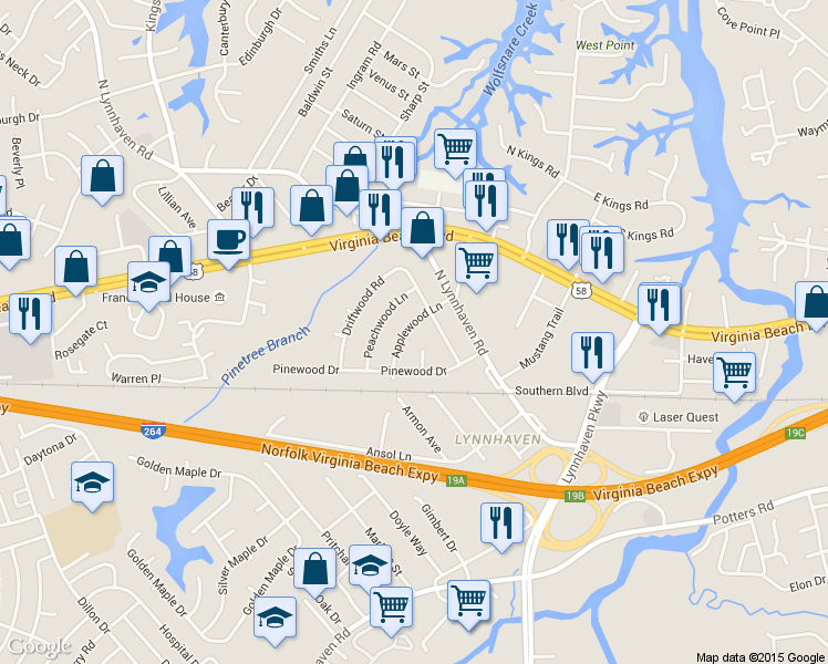 map of restaurants, bars, coffee shops, grocery stores, and more near 228 Peachwood Lane in Virginia Beach