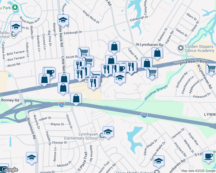 map of restaurants, bars, coffee shops, grocery stores, and more near 3226 Rosegate Court in Virginia Beach