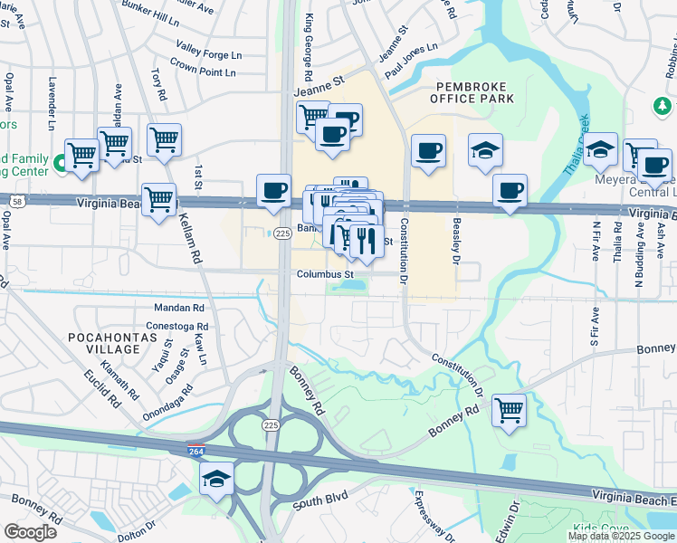 map of restaurants, bars, coffee shops, grocery stores, and more near 165 Central Park Avenue in Virginia Beach