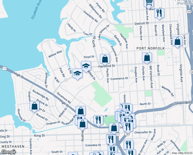 map of restaurants, bars, coffee shops, grocery stores, and more near 741 Lanier Crescent in Portsmouth