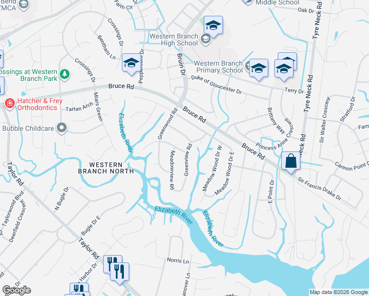 map of restaurants, bars, coffee shops, grocery stores, and more near 4241 Meadowridge Drive in Chesapeake