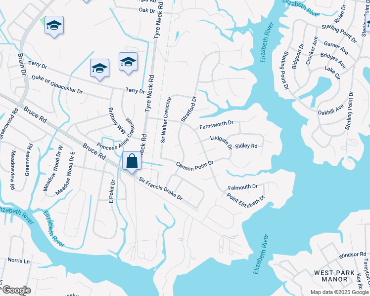map of restaurants, bars, coffee shops, grocery stores, and more near 2913 Stratford Drive in Chesapeake