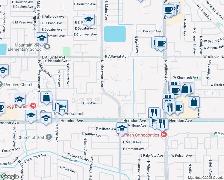 map of restaurants, bars, coffee shops, grocery stores, and more near 2550 East Jenny Avenue in Fresno