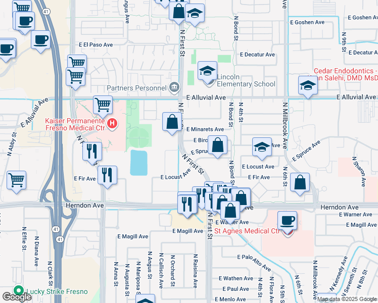 map of restaurants, bars, coffee shops, grocery stores, and more near 7194 North First Street in Fresno