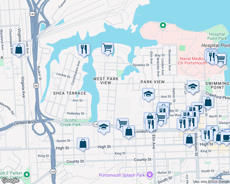map of restaurants, bars, coffee shops, grocery stores, and more near 1612 A Street in Portsmouth