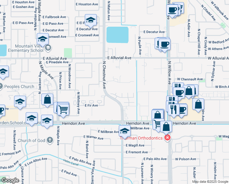 map of restaurants, bars, coffee shops, grocery stores, and more near 2550 East Jenny Avenue in Fresno
