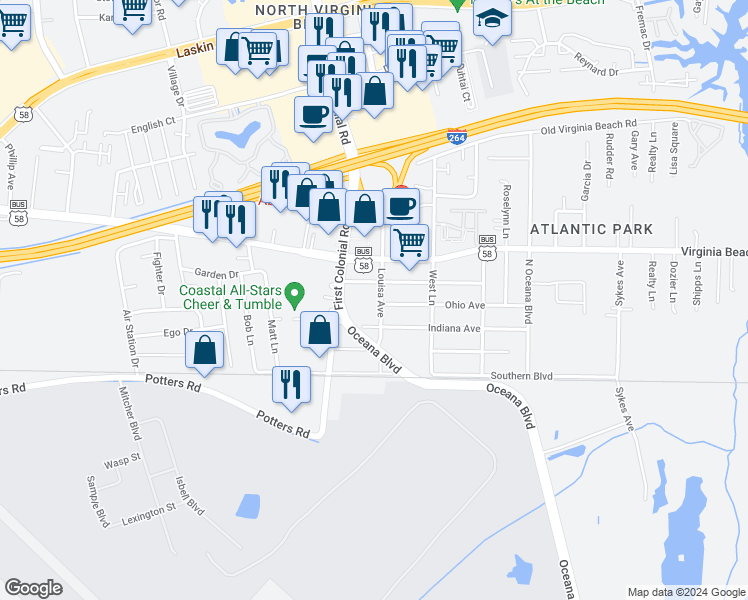 map of restaurants, bars, coffee shops, grocery stores, and more near 221 Louisa Avenue in Virginia Beach