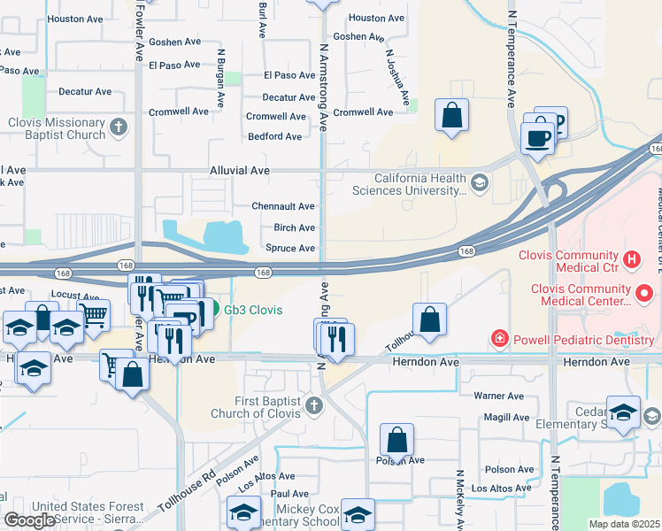 map of restaurants, bars, coffee shops, grocery stores, and more near Highway 168 in Clovis