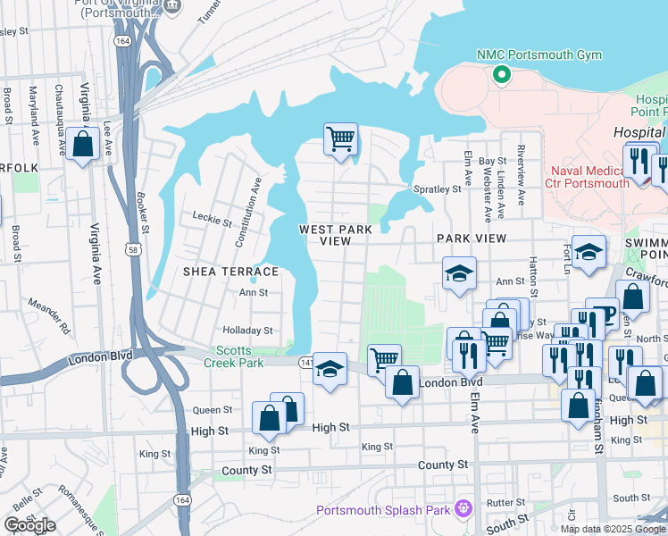 map of restaurants, bars, coffee shops, grocery stores, and more near 1705 A Street in Portsmouth