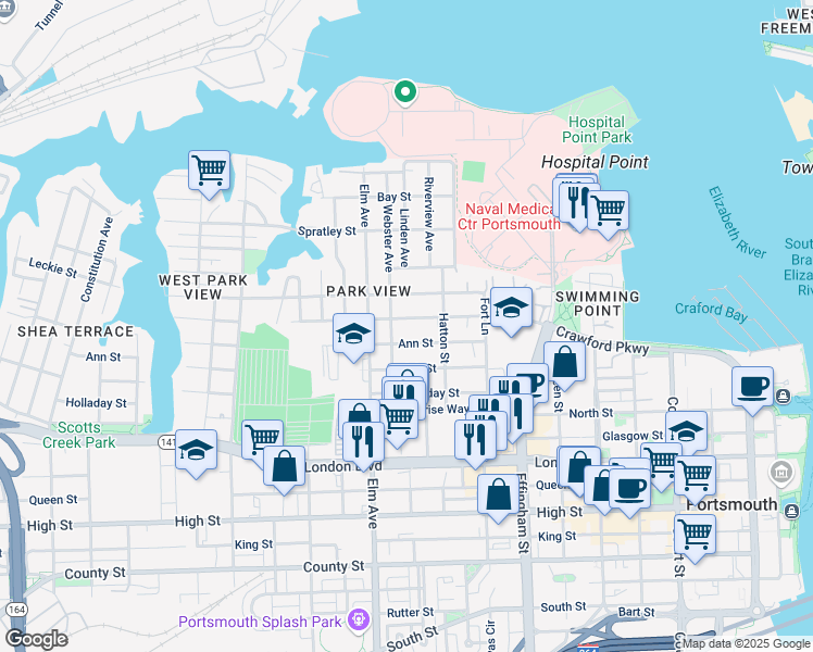 map of restaurants, bars, coffee shops, grocery stores, and more near 1034 Crawford Parkway in Portsmouth
