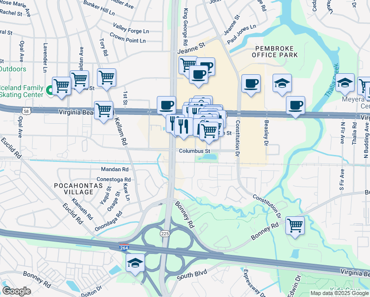 map of restaurants, bars, coffee shops, grocery stores, and more near 4545 Commerce Street in Virginia Beach