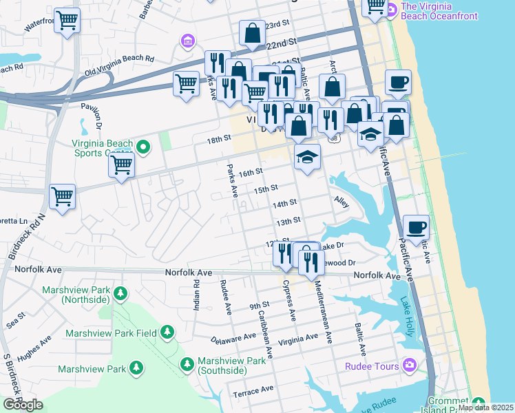 map of restaurants, bars, coffee shops, grocery stores, and more near 713 14th Street in Virginia Beach