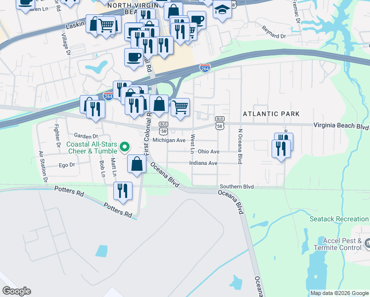 map of restaurants, bars, coffee shops, grocery stores, and more near 1621 Michigan Avenue in Virginia Beach