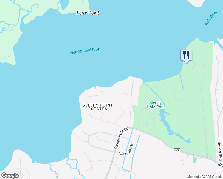 map of restaurants, bars, coffee shops, grocery stores, and more near 146 Sleepy Point Way in Suffolk