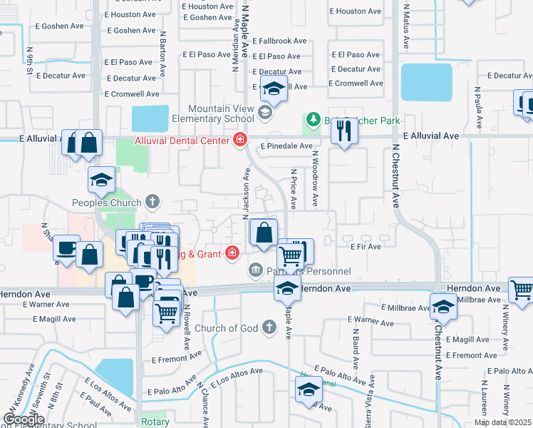 map of restaurants, bars, coffee shops, grocery stores, and more near 2059 East Spruce Avenue in Fresno