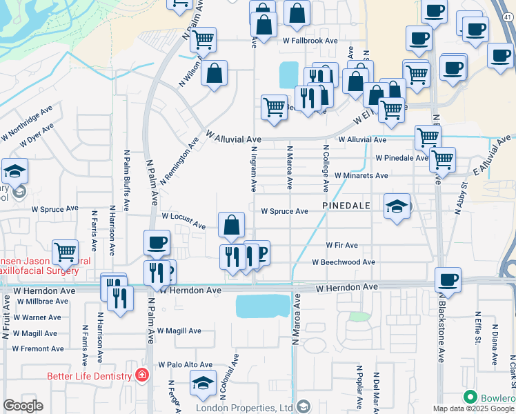 map of restaurants, bars, coffee shops, grocery stores, and more near in Fresno
