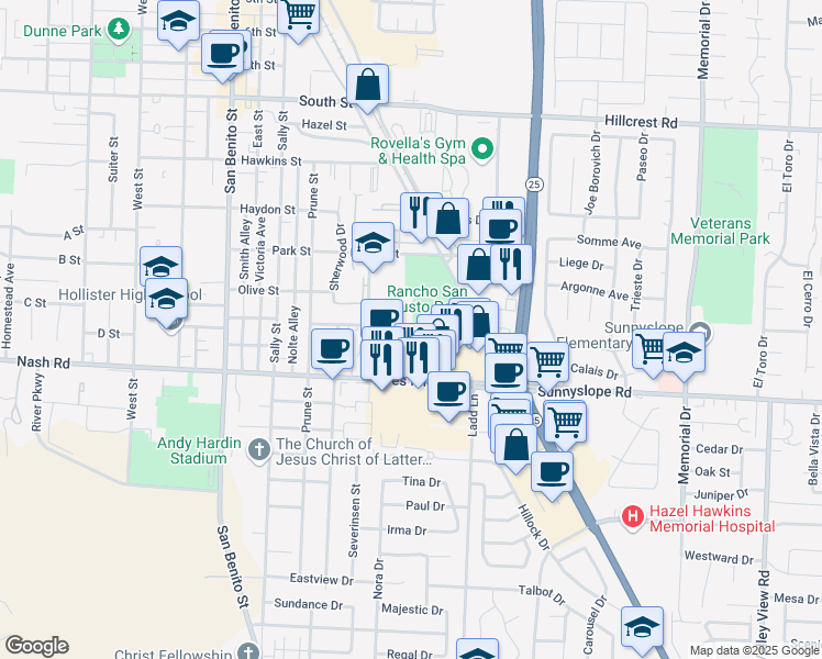 map of restaurants, bars, coffee shops, grocery stores, and more near 1201 Rancho Drive in Hollister