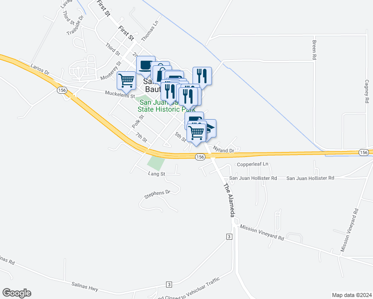 map of restaurants, bars, coffee shops, grocery stores, and more near 111 5th Street in Hollister