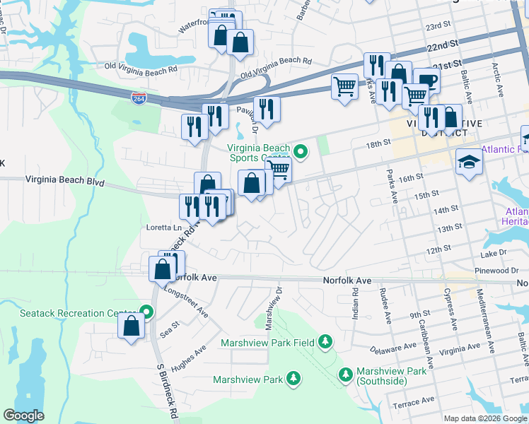map of restaurants, bars, coffee shops, grocery stores, and more near 1021 Virginia Beach Boulevard in Virginia Beach