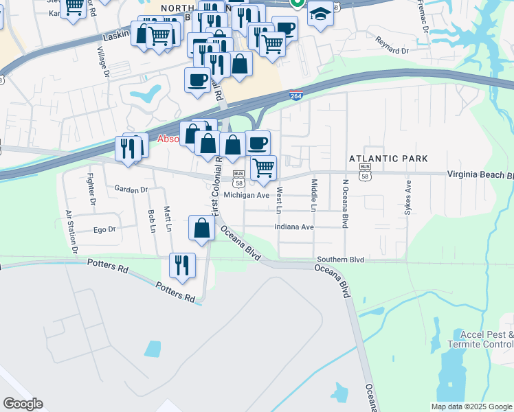 map of restaurants, bars, coffee shops, grocery stores, and more near 1621 Michigan Avenue in Virginia Beach