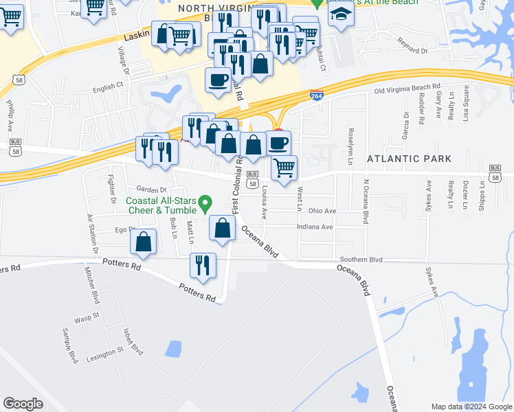 map of restaurants, bars, coffee shops, grocery stores, and more near 1649 Michigan Avenue in Virginia Beach