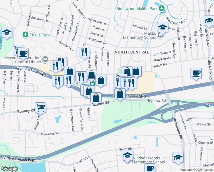 map of restaurants, bars, coffee shops, grocery stores, and more near 329 Birchwood Park Drive in Virginia Beach