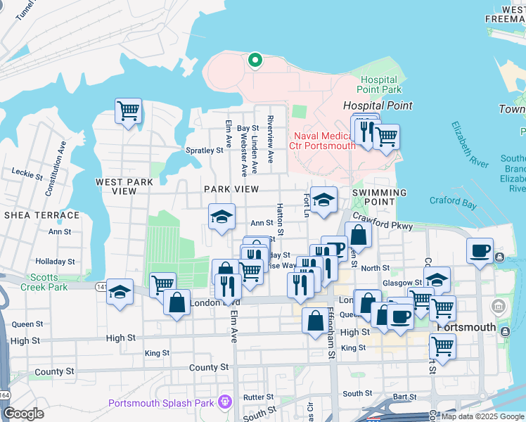 map of restaurants, bars, coffee shops, grocery stores, and more near 1034 Crawford Parkway in Portsmouth