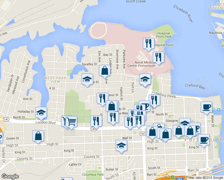 map of restaurants, bars, coffee shops, grocery stores, and more near 1049 Crawford Parkway in Portsmouth
