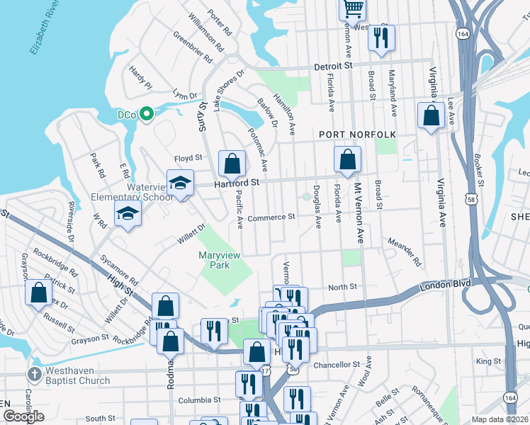 map of restaurants, bars, coffee shops, grocery stores, and more near 723 Cambridge Avenue in Portsmouth