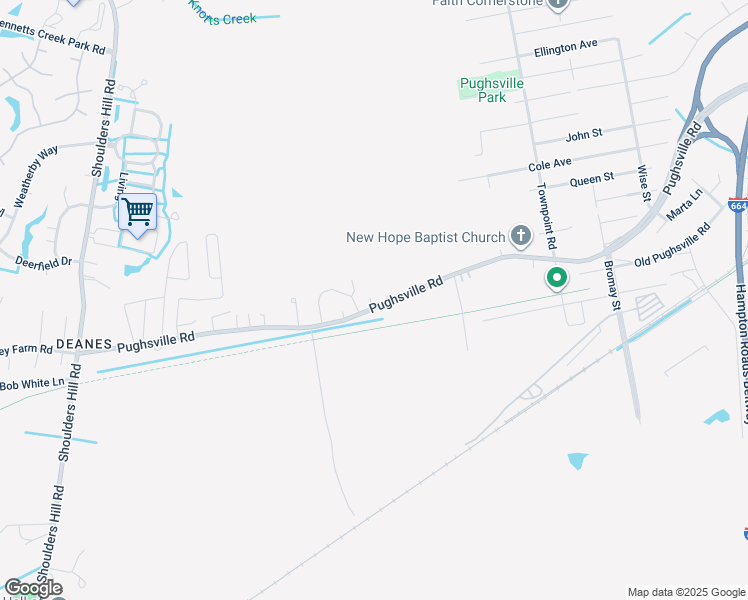 map of restaurants, bars, coffee shops, grocery stores, and more near 4050 Pughsville Road in Suffolk